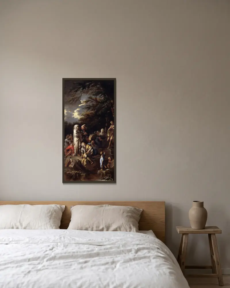 Johannes der Täufer predigt in der Wüste von Salvator Rosa gerahmt an einer Wand