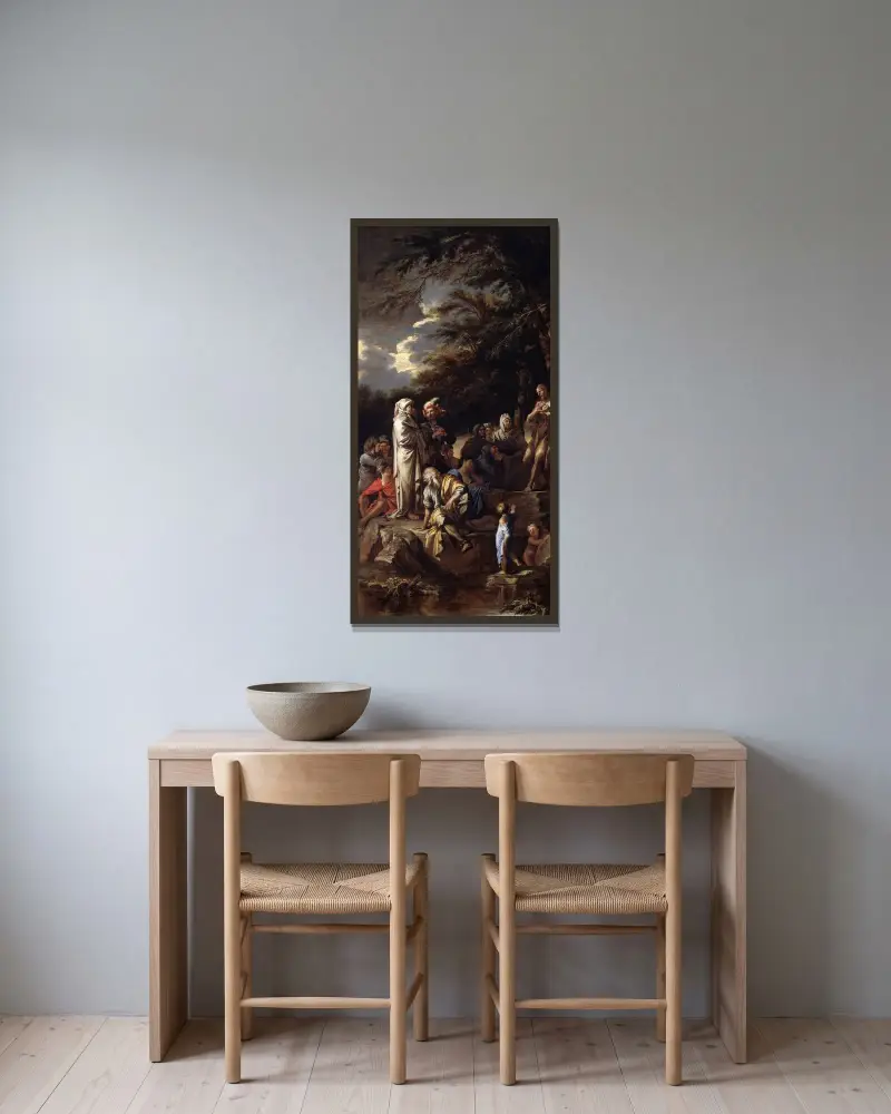Johannes der Täufer predigt in der Wüste von Salvator Rosa gerahmt an einer Wand