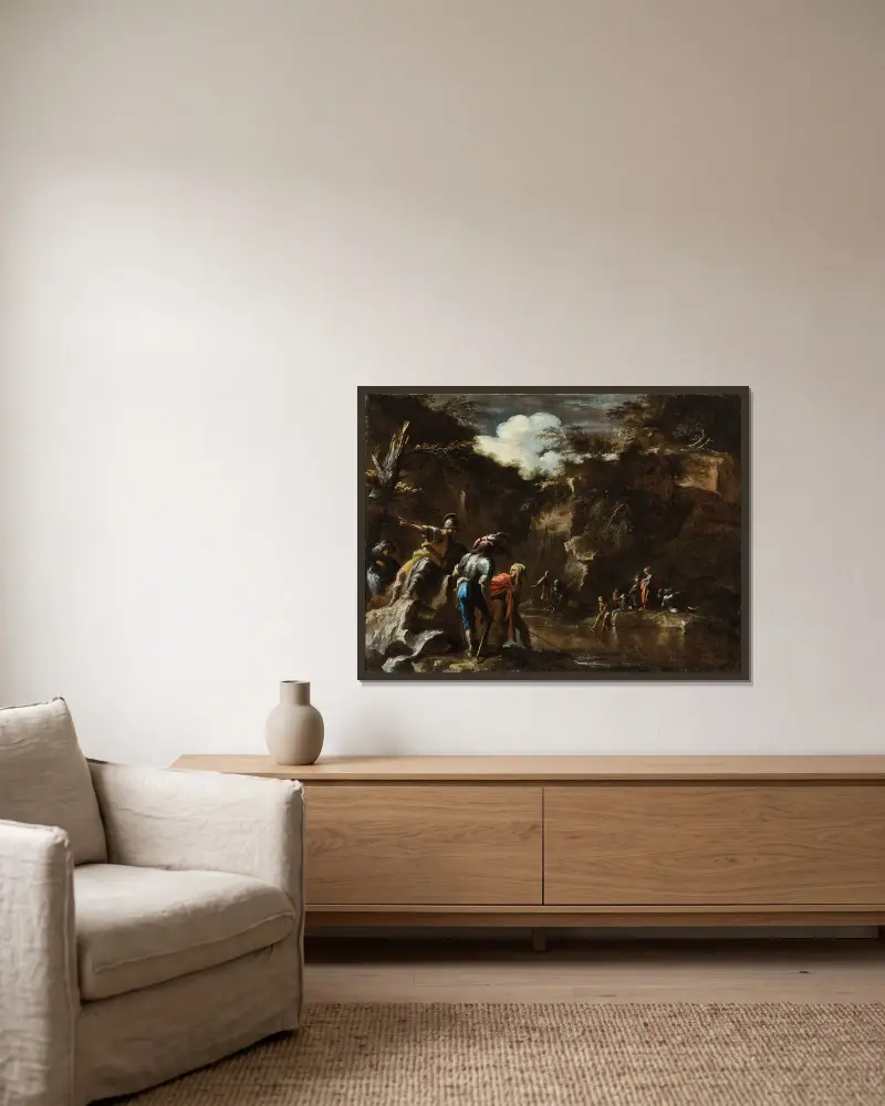 Szene aus der griechischen Geschichte: Thales lässt den Fluss auf beiden Seiten des lydischen Heeres fließen von Salvator Rosa gerahmt an einer Wand