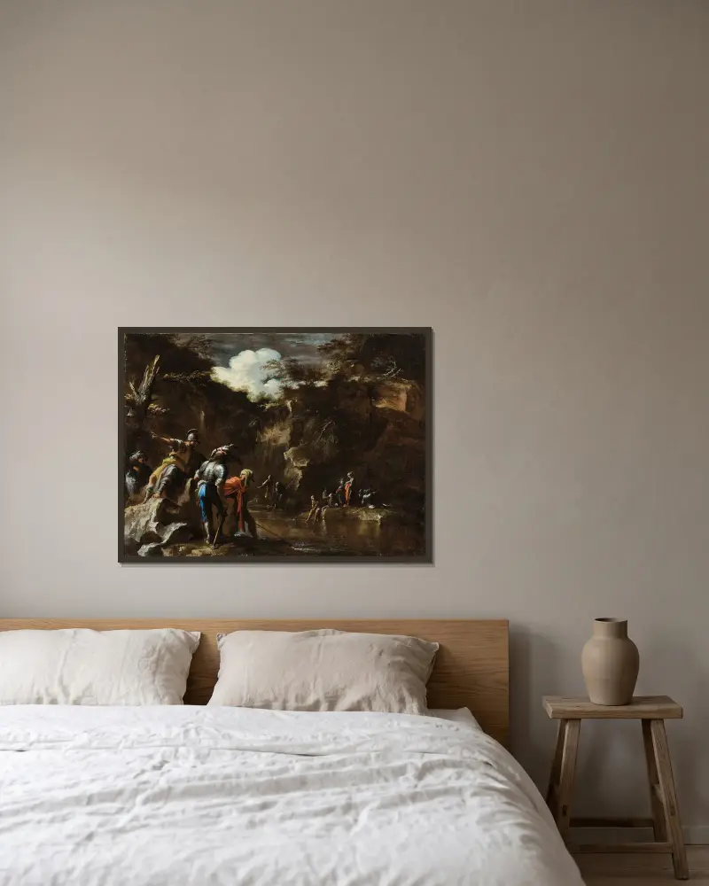 Szene aus der griechischen Geschichte: Thales lässt den Fluss auf beiden Seiten des lydischen Heeres fließen von Salvator Rosa gerahmt an einer Wand