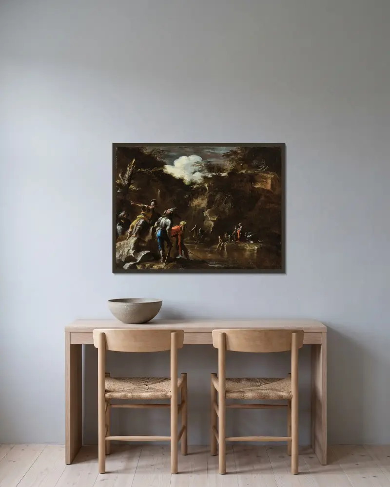 Szene aus der griechischen Geschichte: Thales lässt den Fluss auf beiden Seiten des lydischen Heeres fließen von Salvator Rosa gerahmt an einer Wand