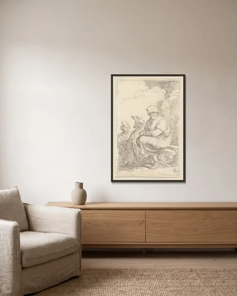 Sitzender Bauer mit zwei anderen Männern von Salvator Rosa gerahmt an einer Wand