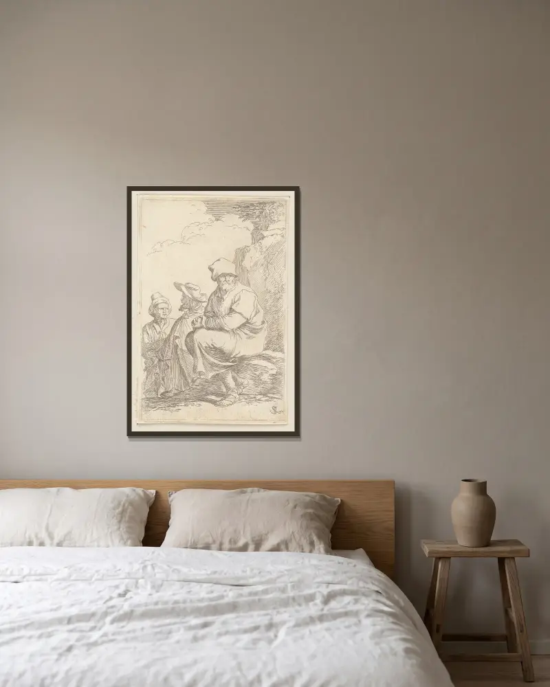 Sitzender Bauer mit zwei anderen Männern von Salvator Rosa gerahmt an einer Wand