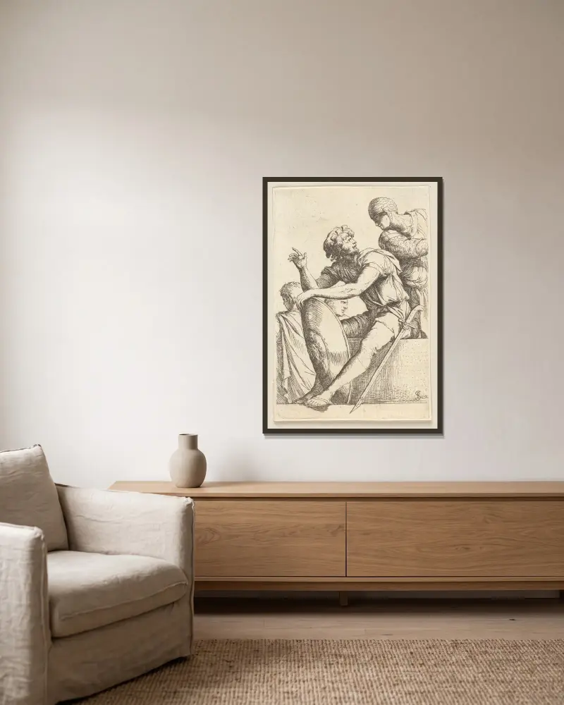 Sitzender Soldat mit Schild und zwei weitere Figuren von Salvator Rosa gerahmt an einer Wand