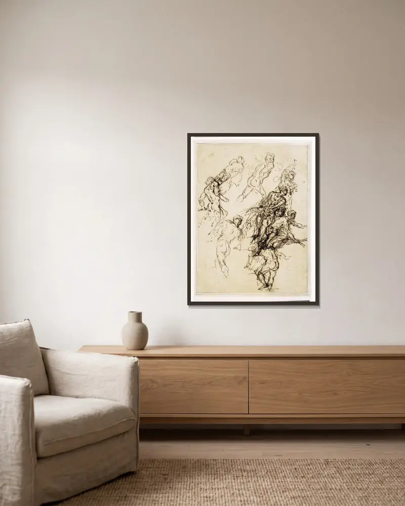 Skizzen männlicher Figuren in Bewegung nach rechts von Salvator Rosa gerahmt an einer Wand