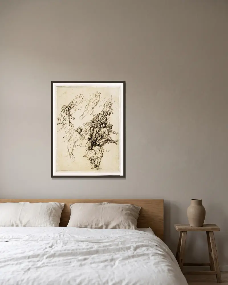 Skizzen männlicher Figuren in Bewegung nach rechts von Salvator Rosa gerahmt an einer Wand