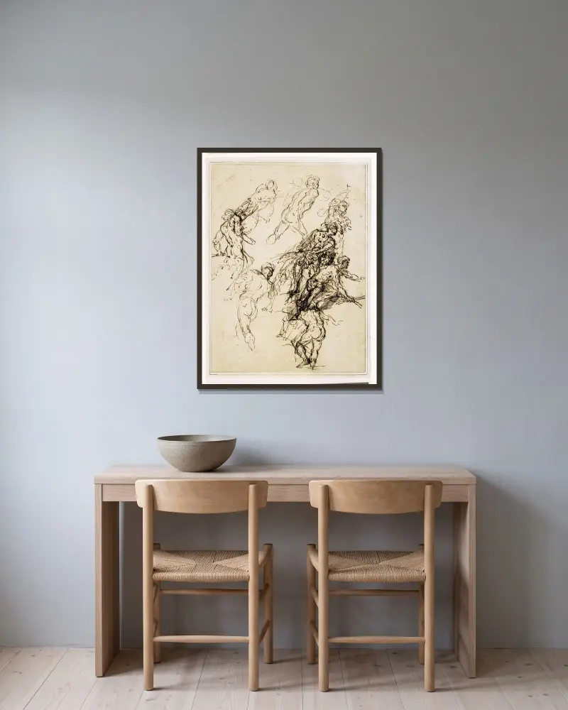 Skizzen männlicher Figuren in Bewegung nach rechts von Salvator Rosa gerahmt an einer Wand
