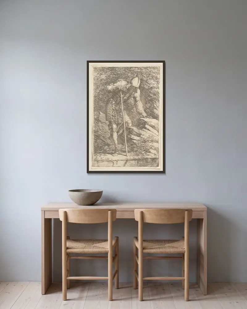 Voják v přilbě a zbroji u potoka, Salvator Rosa v rámu na stěně