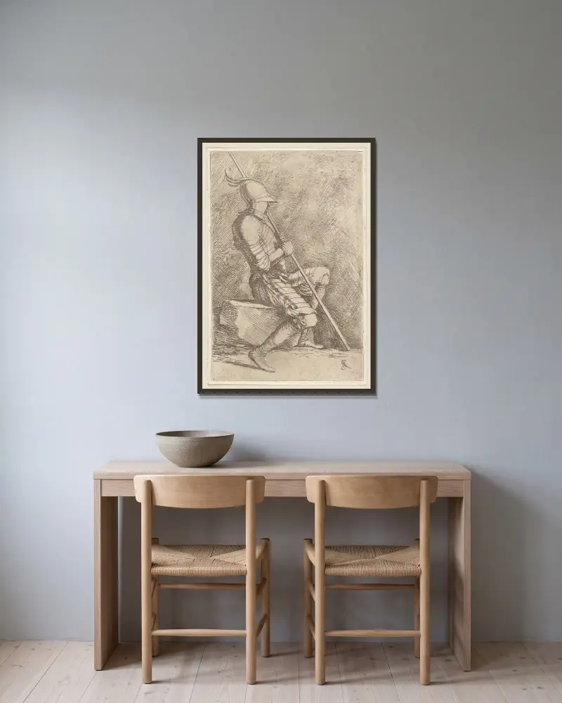 Sitzender Soldat mit Helm und Stock von Salvator Rosa gerahmt an einer Wand