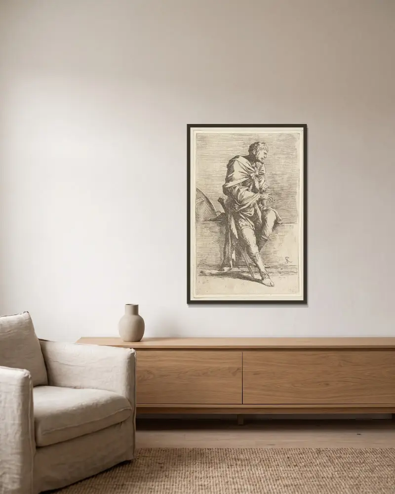 Sitzender Soldat von Salvator Rosa gerahmt an einer Wand