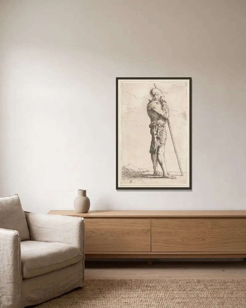 Soldat, auf einen langen Stock gestützt, nach rechts gewandt von Salvator Rosa gerahmt an einer Wand