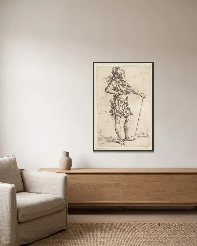 Soldat mit Stock, nach rechts gewandt von Salvator Rosa gerahmt an einer Wand