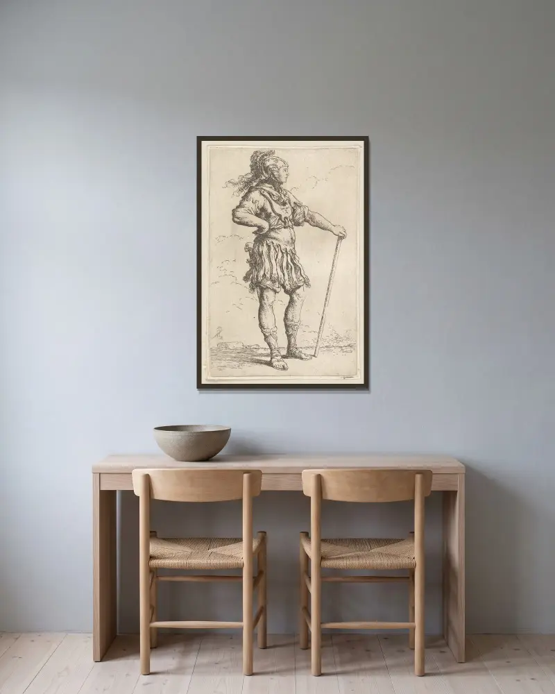Soldat mit Stock, nach rechts gewandt von Salvator Rosa gerahmt an einer Wand