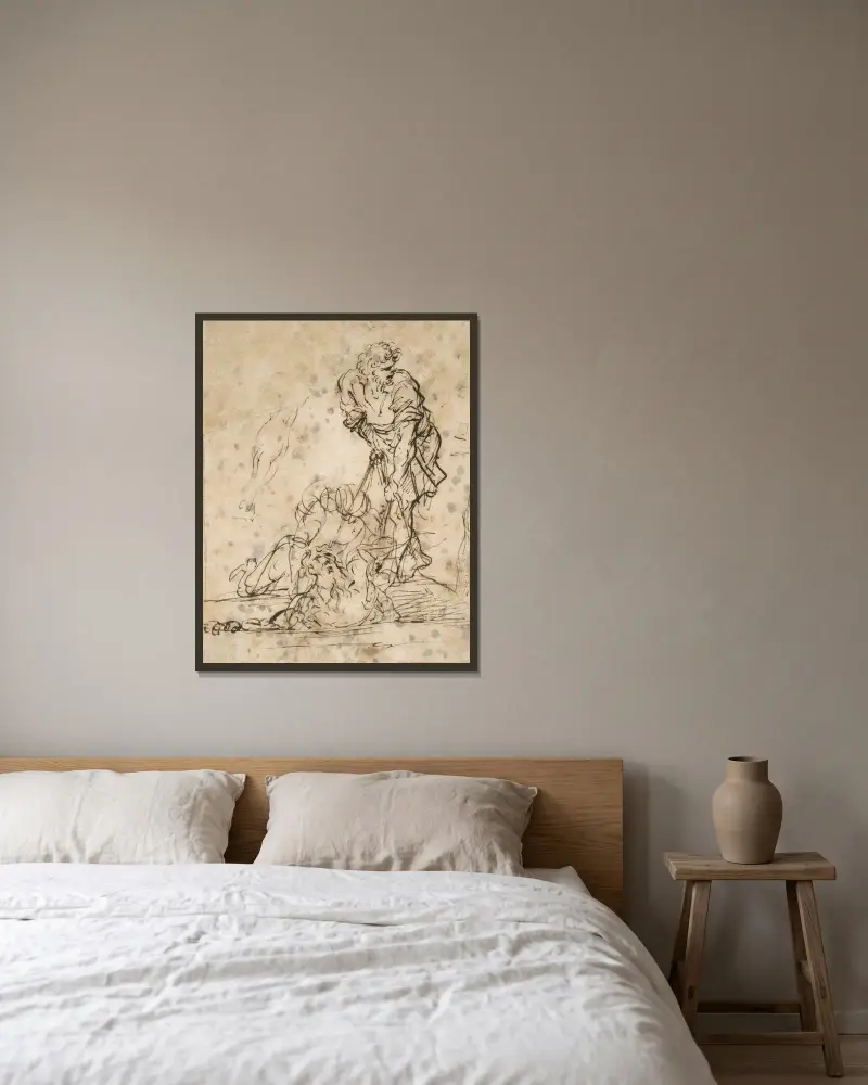 Studien zu einer Figur, die mit Seilen aus einem Grab oder einer Grube gehoben wird von Salvator Rosa gerahmt an einer Wand