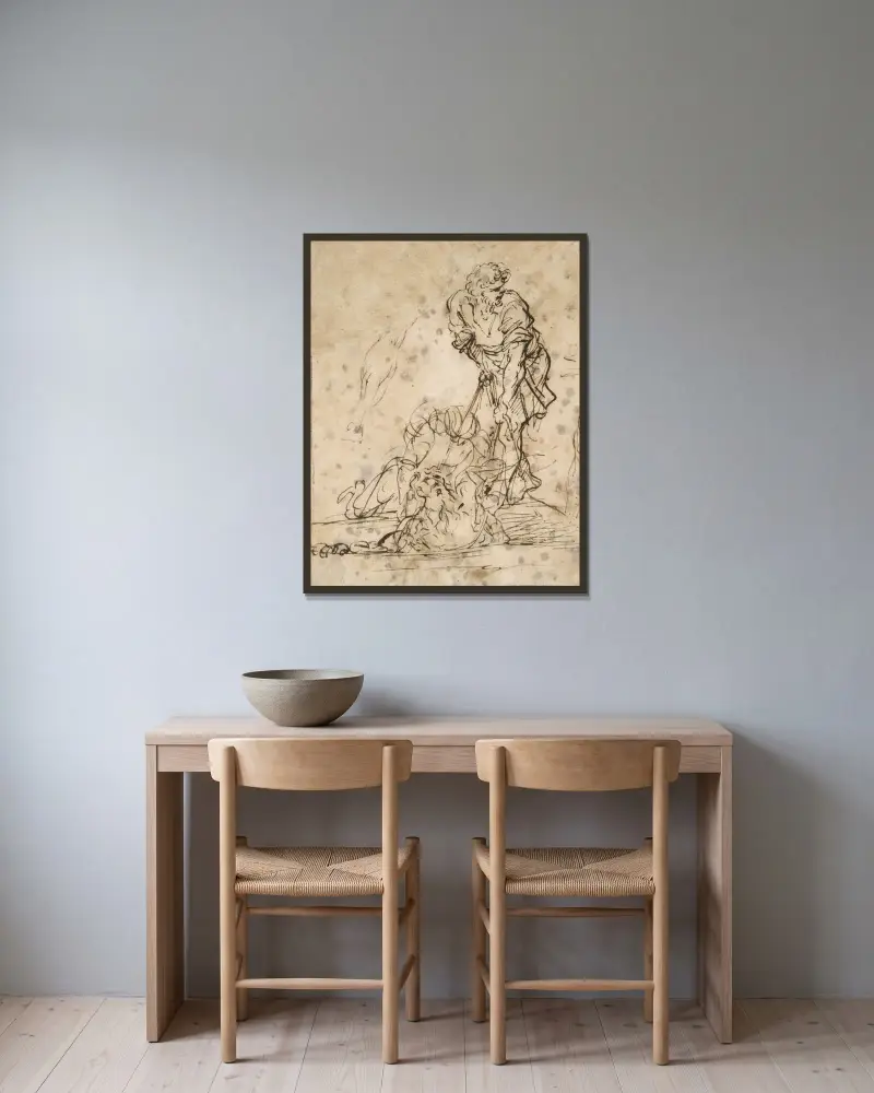 Studien zu einer Figur, die mit Seilen aus einem Grab oder einer Grube gehoben wird von Salvator Rosa gerahmt an einer Wand