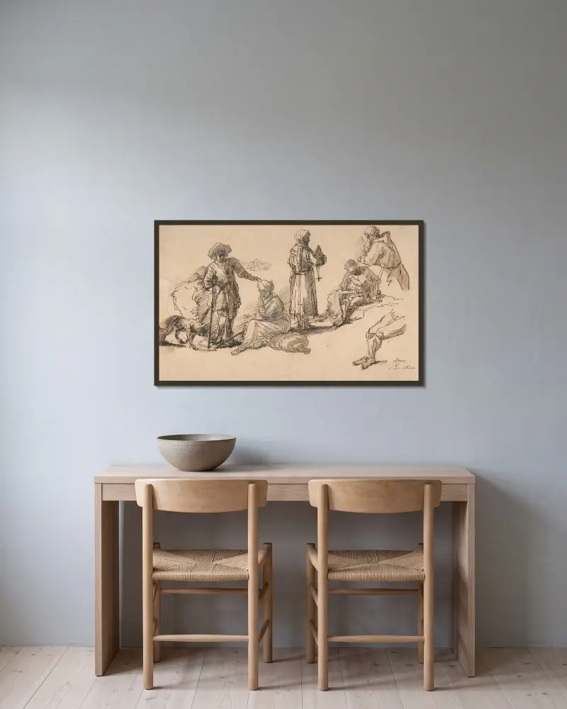 Studien für stehende und sitzende Figuren von Salvator Rosa gerahmt an einer Wand