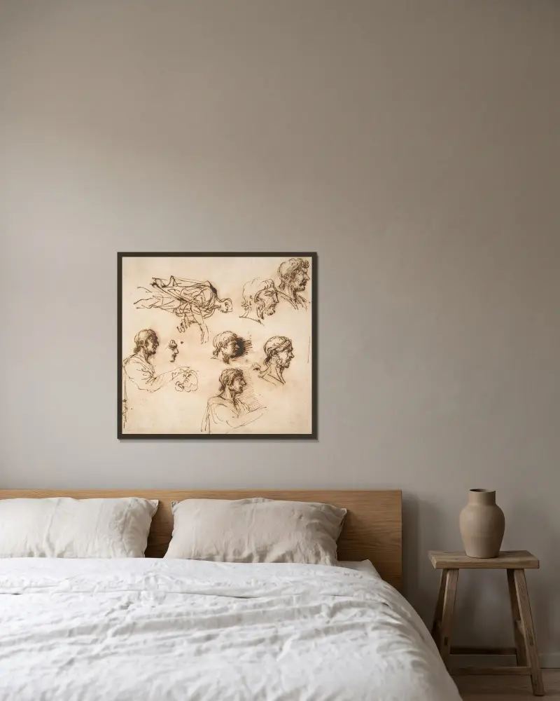 Studier av ett manshuvud i profil och av en stående mansfigur av Salvator Rosa inramad på en vägg