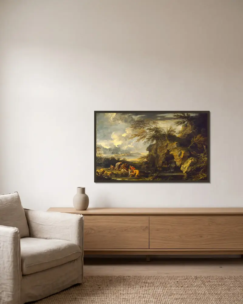 Die Auffindung des Moses von Salvator Rosa gerahmt an einer Wand