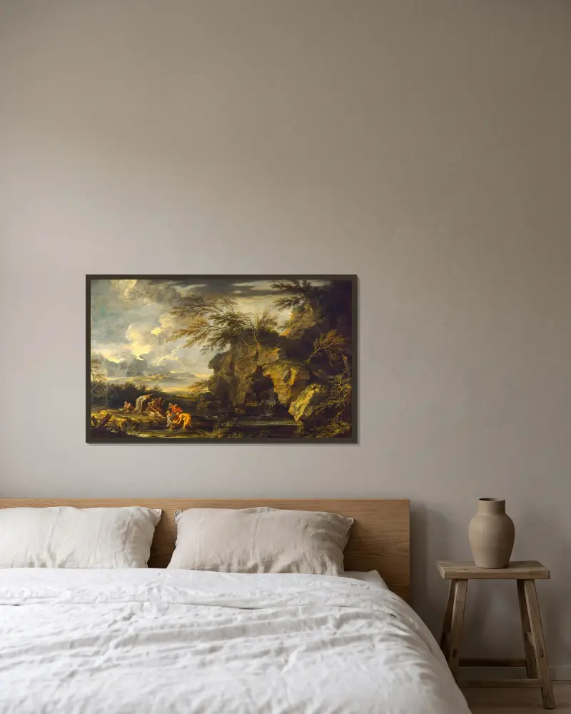 Die Auffindung des Moses von Salvator Rosa gerahmt an einer Wand