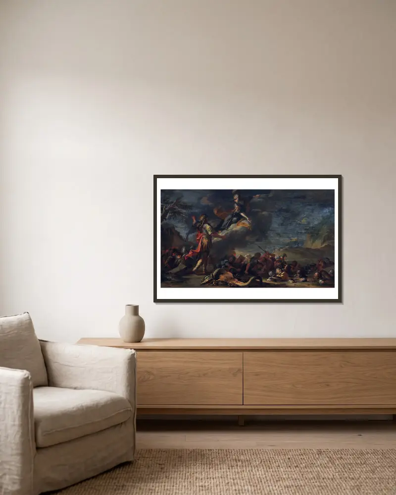 The Founding of Thebes av Salvator Rosa inramad på en vägg