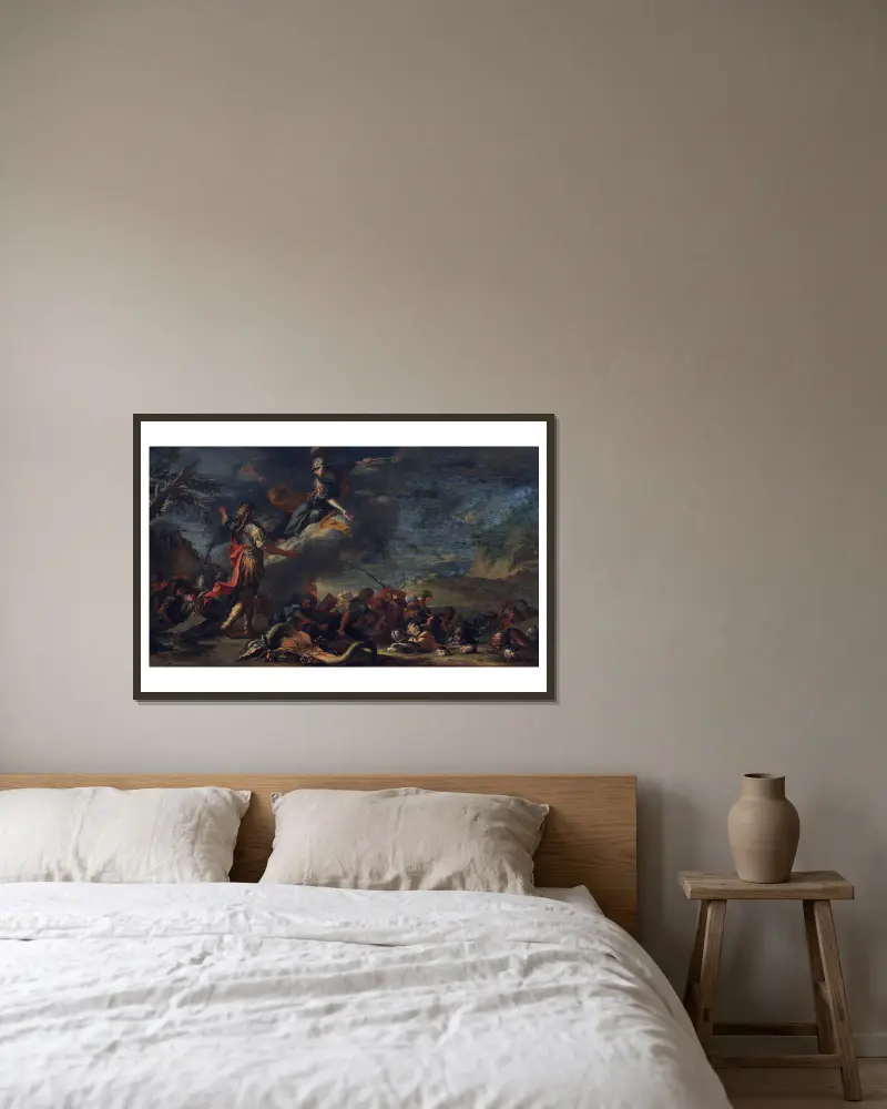 The Founding of Thebes av Salvator Rosa inramad på en vägg