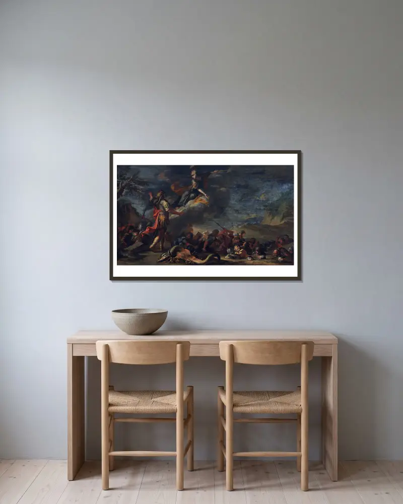 The Founding of Thebes av Salvator Rosa inramad på en vägg