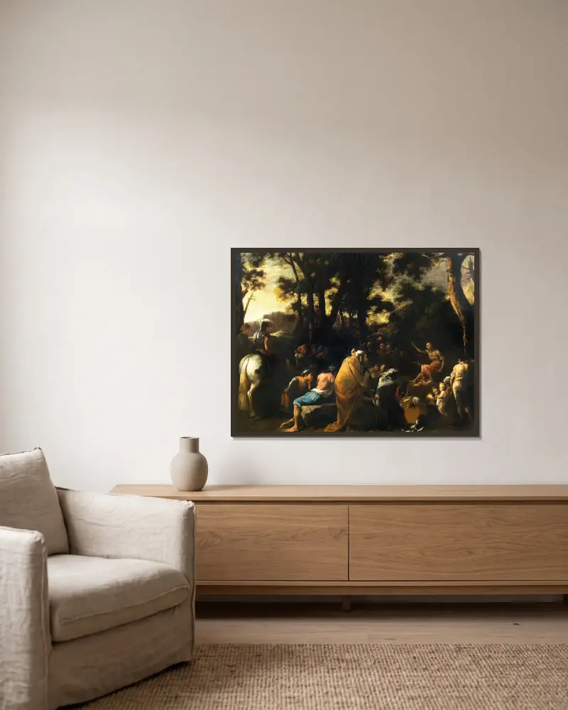 The Sermon of Saint John the Baptist av Salvator Rosa inramad på en vägg