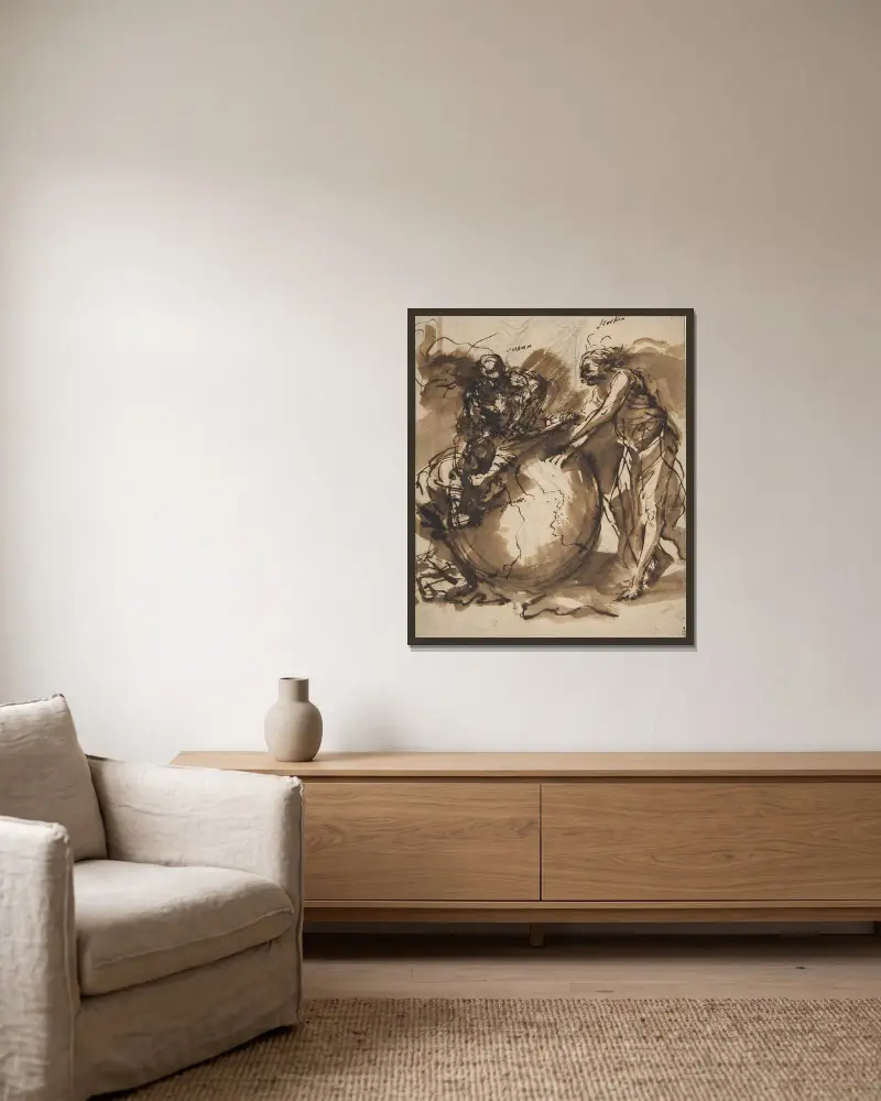Tre figurer kring ett jordklot av Salvator Rosa inramad på en vägg