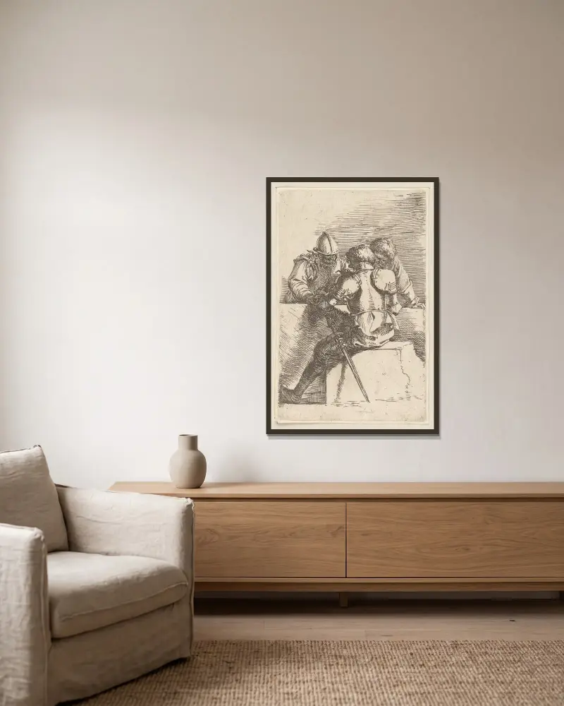 Drei Soldaten im Gespräch von Salvator Rosa gerahmt an einer Wand