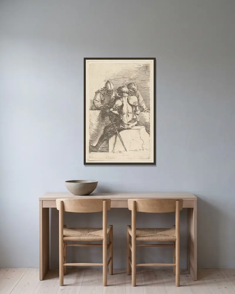 Drei Soldaten im Gespräch von Salvator Rosa gerahmt an einer Wand