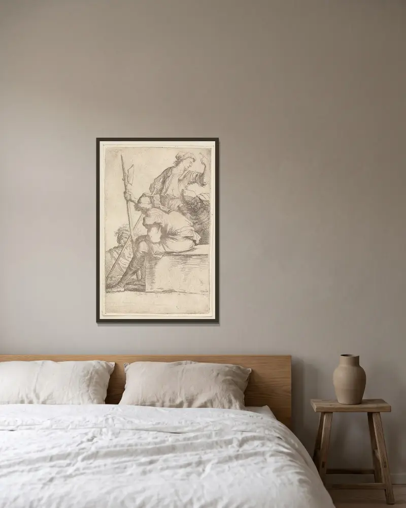 Drei Soldaten, einer auf einem viereckigen Steinblock sitzend 2 von Salvator Rosa gerahmt an einer Wand