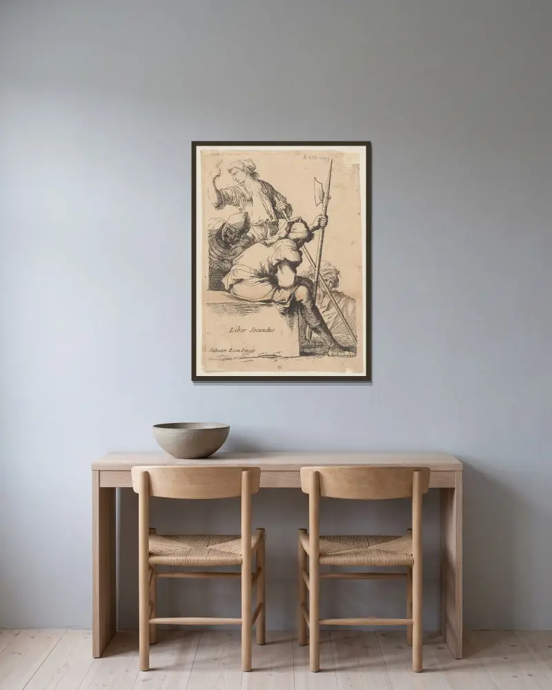Drei Soldaten, einer auf einem quadratischen Steinblock sitzend von Salvator Rosa gerahmt an einer Wand