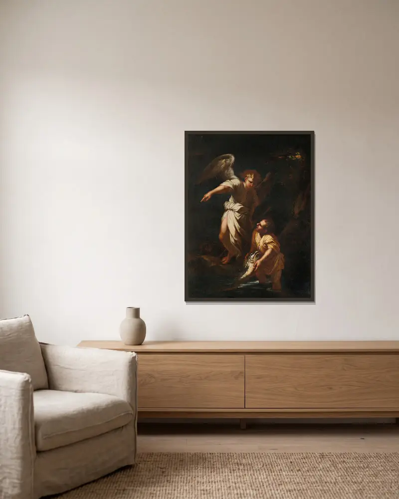 Tobias and the Angel av Salvator Rosa inramad på en vägg