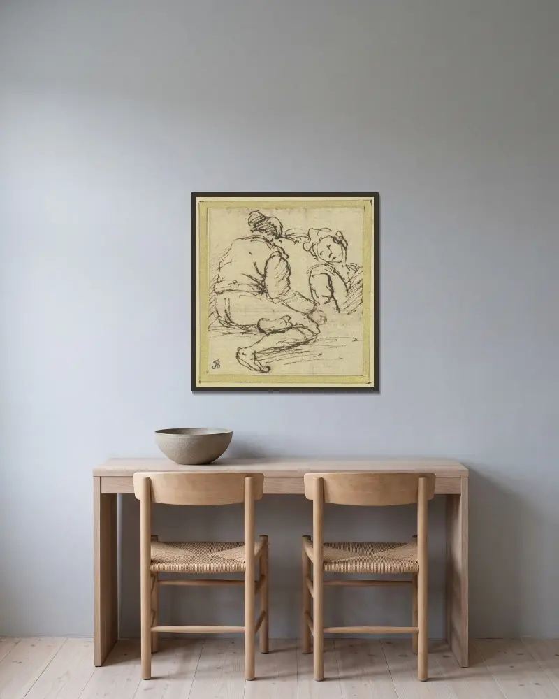 Dvě postavy; vlevo sedící muž zezadu, vpravo poloviční figura, Salvator Rosa v rámu na stěně