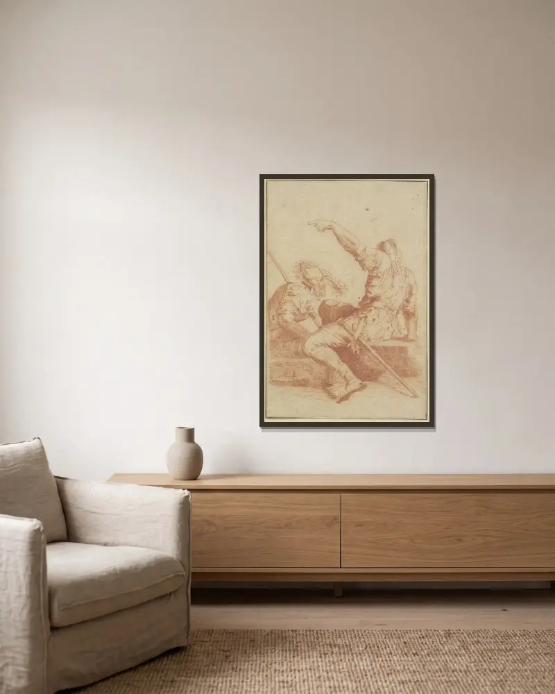 Zwei sitzende Soldaten von Salvator Rosa gerahmt an einer Wand