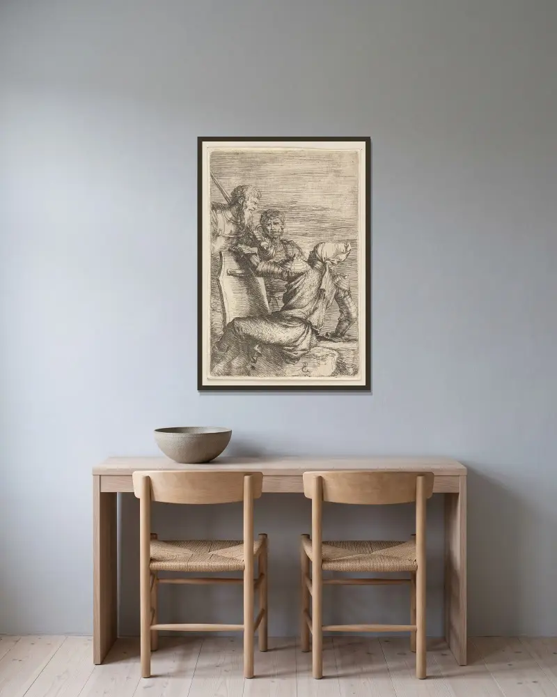 Zwei Soldaten vor einem Dritten, der einen Schild hält von Salvator Rosa gerahmt an einer Wand