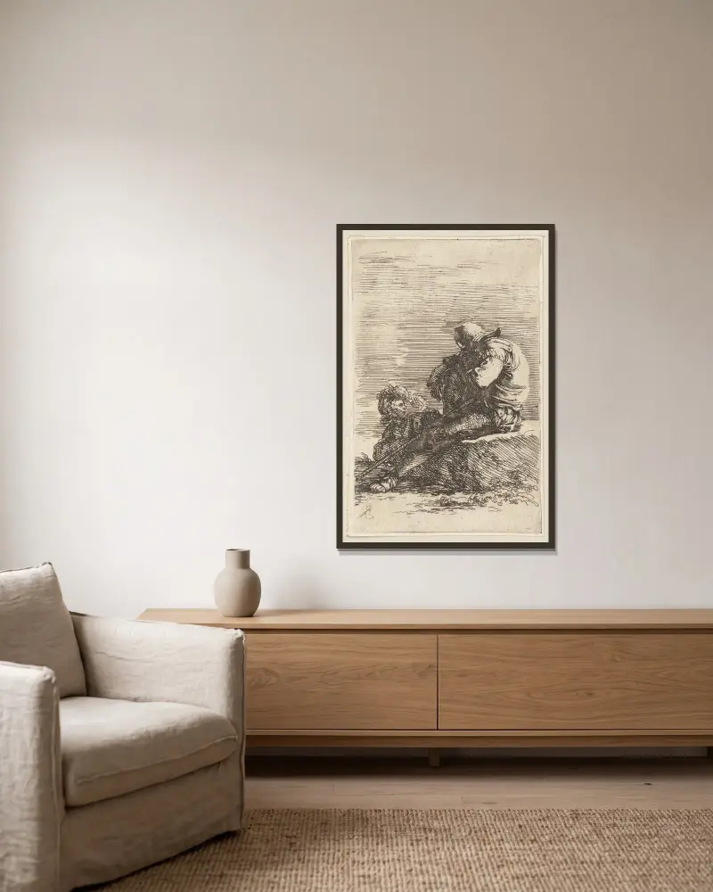 Zwei Soldaten, einer auf einem Absatz sitzend mit einem Stock von Salvator Rosa gerahmt an einer Wand