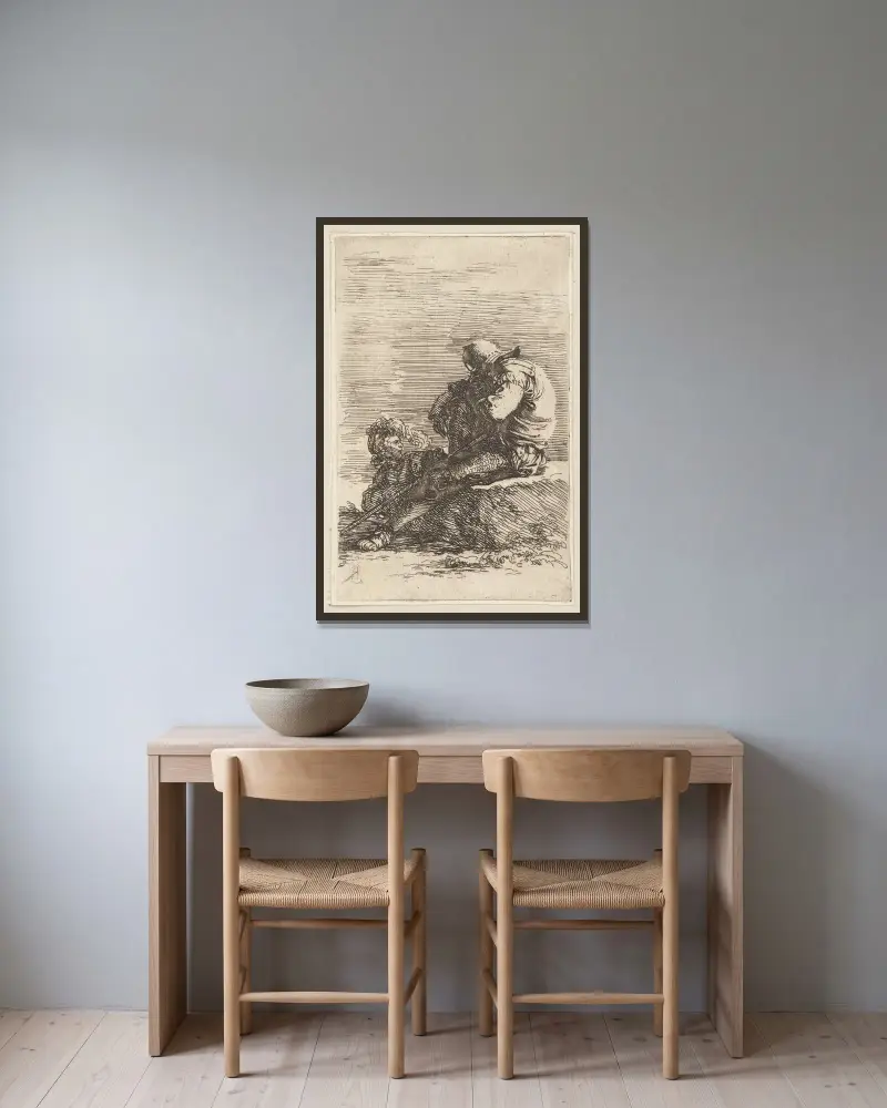 Zwei Soldaten, einer auf einem Absatz sitzend mit einem Stock von Salvator Rosa gerahmt an einer Wand