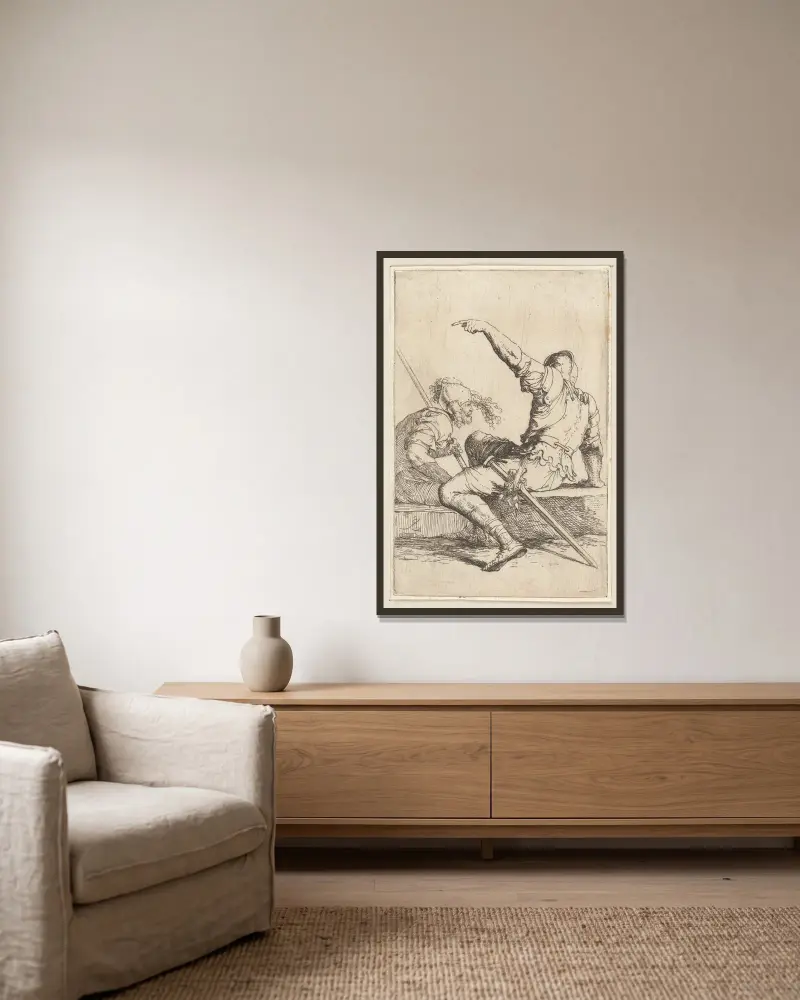 Zwei auf einem rechteckigen Stein sitzende Soldaten von Salvator Rosa gerahmt an einer Wand