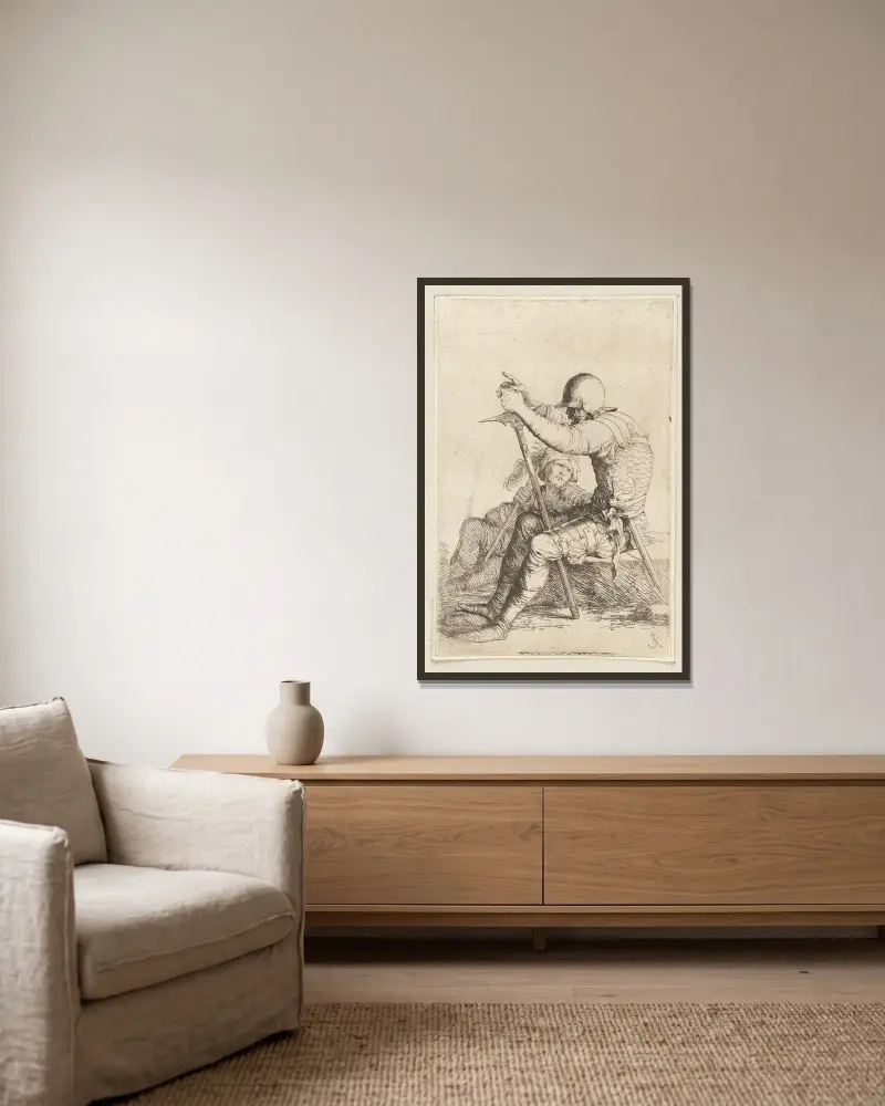 Zwei sitzende Soldaten, der eine auf einem Stein, der andere auf dem Boden von Salvator Rosa gerahmt an einer Wand