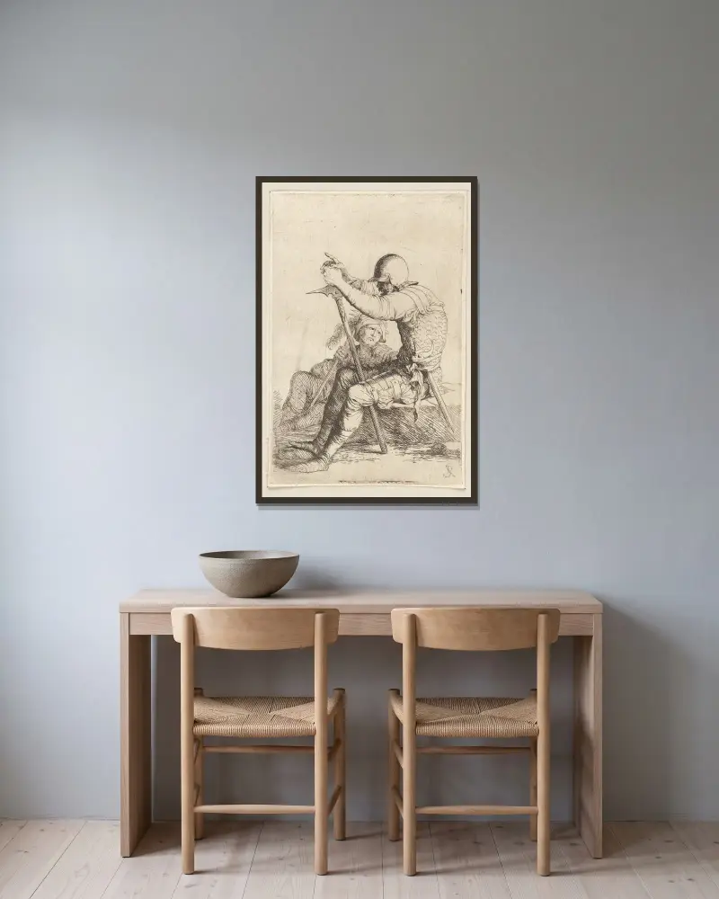 Zwei sitzende Soldaten, der eine auf einem Stein, der andere auf dem Boden von Salvator Rosa gerahmt an einer Wand