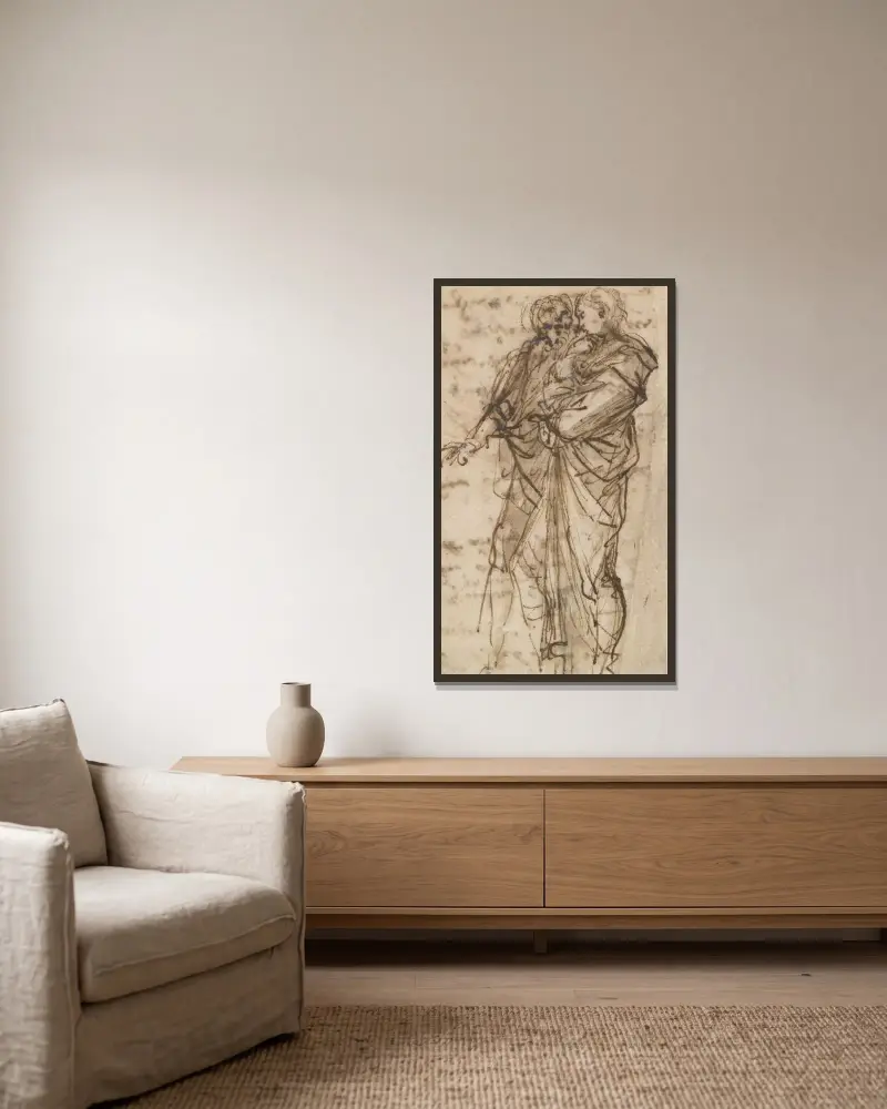 Zwei stehende Figuren von Salvator Rosa gerahmt an einer Wand
