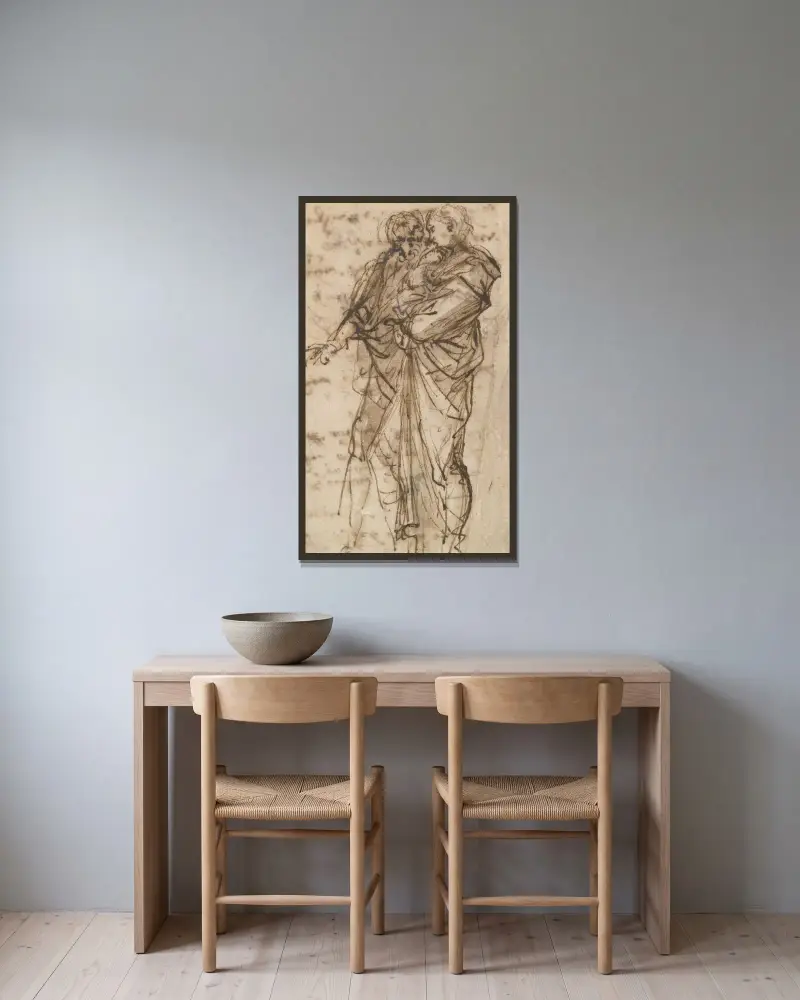 Zwei stehende Figuren von Salvator Rosa gerahmt an einer Wand