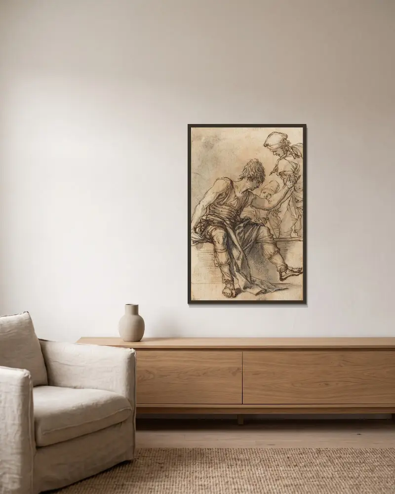 Jugendlicher auf einer Mauer im Gespräch mit zwei Männern von Salvator Rosa gerahmt an einer Wand