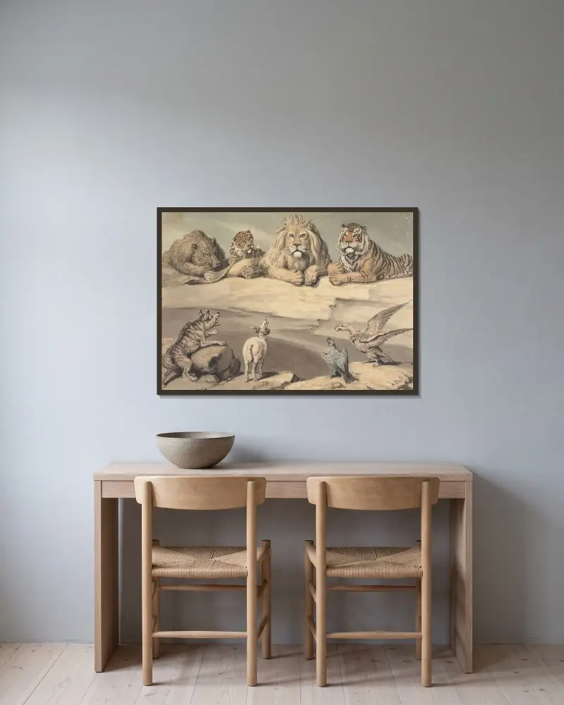 Ett vildsvin, en leopard, ett lejon, en tiger, en varg, en bagge och två örnar av Samuel Howitt inramad på en vägg