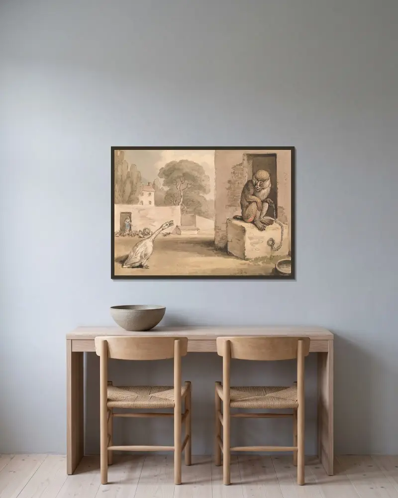 A Goose and a Baboon av Samuel Howitt inramad på en vägg