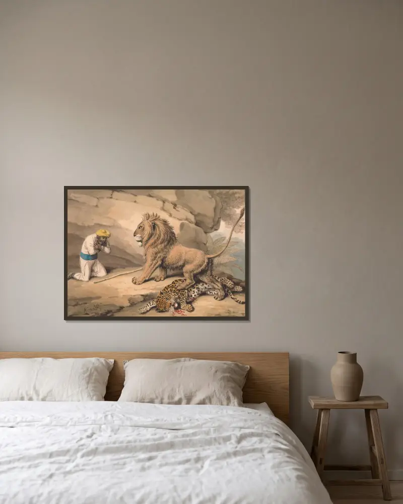 Ett lejon står över en sårad leopard av Samuel Howitt inramad på en vägg