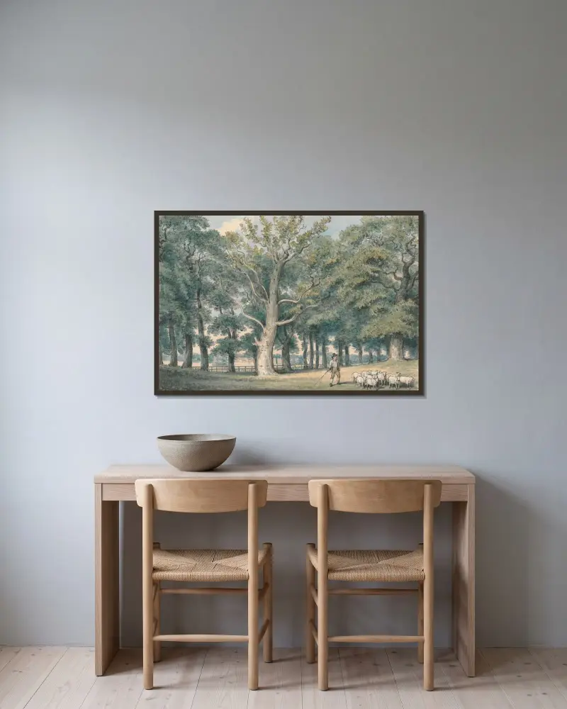 Ett parklandskap med herde och får av Samuel Howitt inramad på en vägg