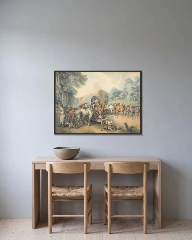 En diligens som stannar vid ett lantvärdshus av Samuel Howitt inramad på en vägg