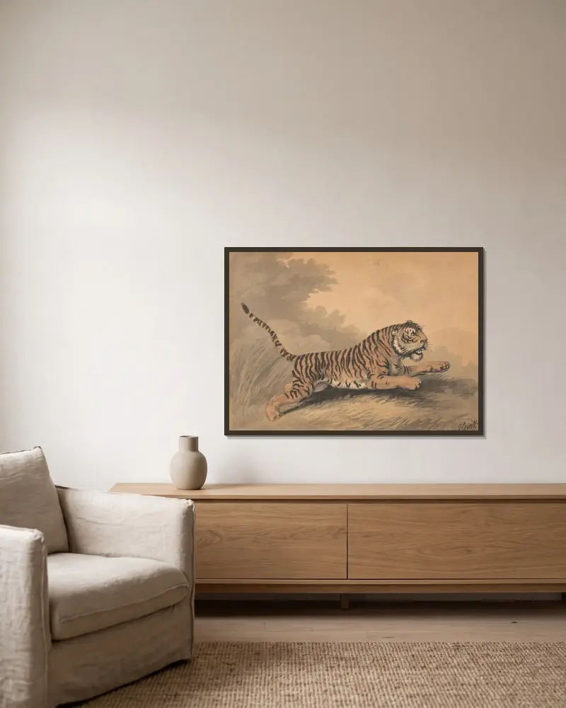 En tiger som hoppar åt höger av Samuel Howitt inramad på en vägg